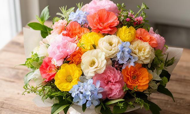 色とりどりの季節の花束が木製テーブルの上で自然光に照らされている様子